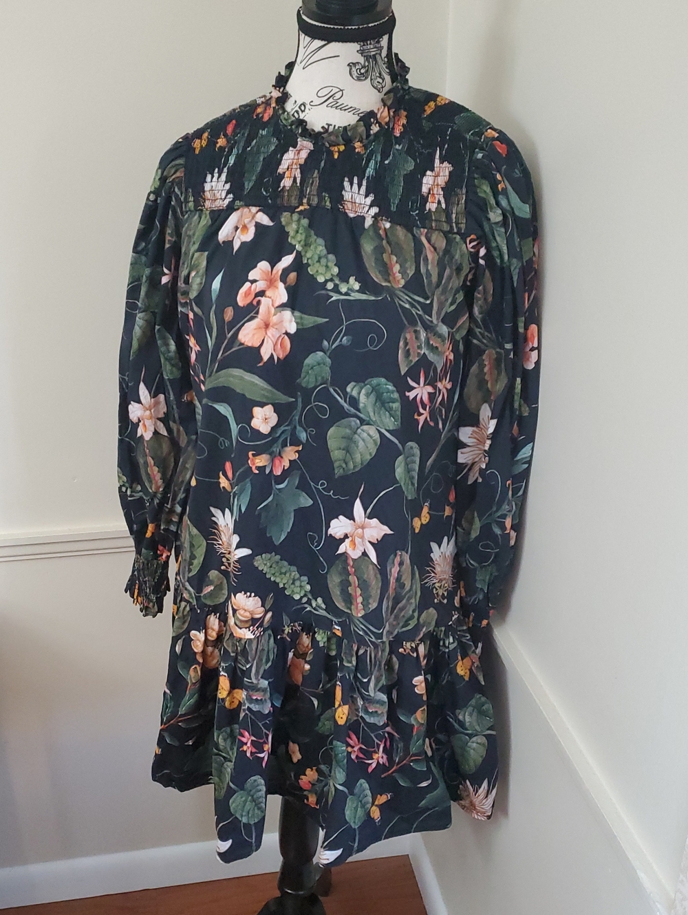 Olivia James the label size S Smocked black dress with pockets floral